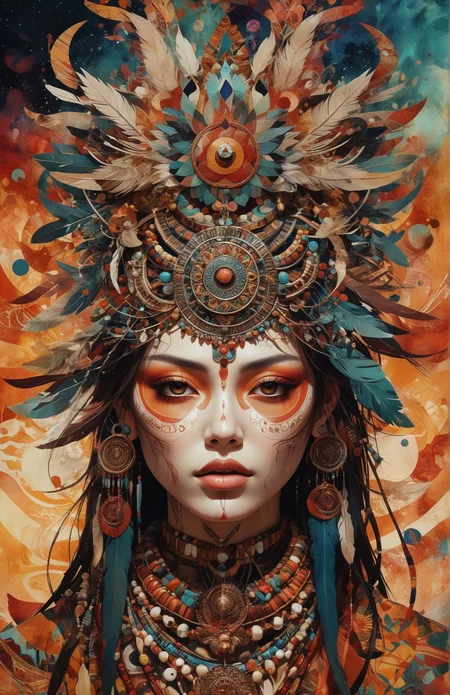 Ultra-high resolution imagery, Digital shamans with acclaimed details, digital art, matte, Medium shot, Organic abstract art, <lora:Consistency Corrector XL:0.4>, abstract anime with geometric layers