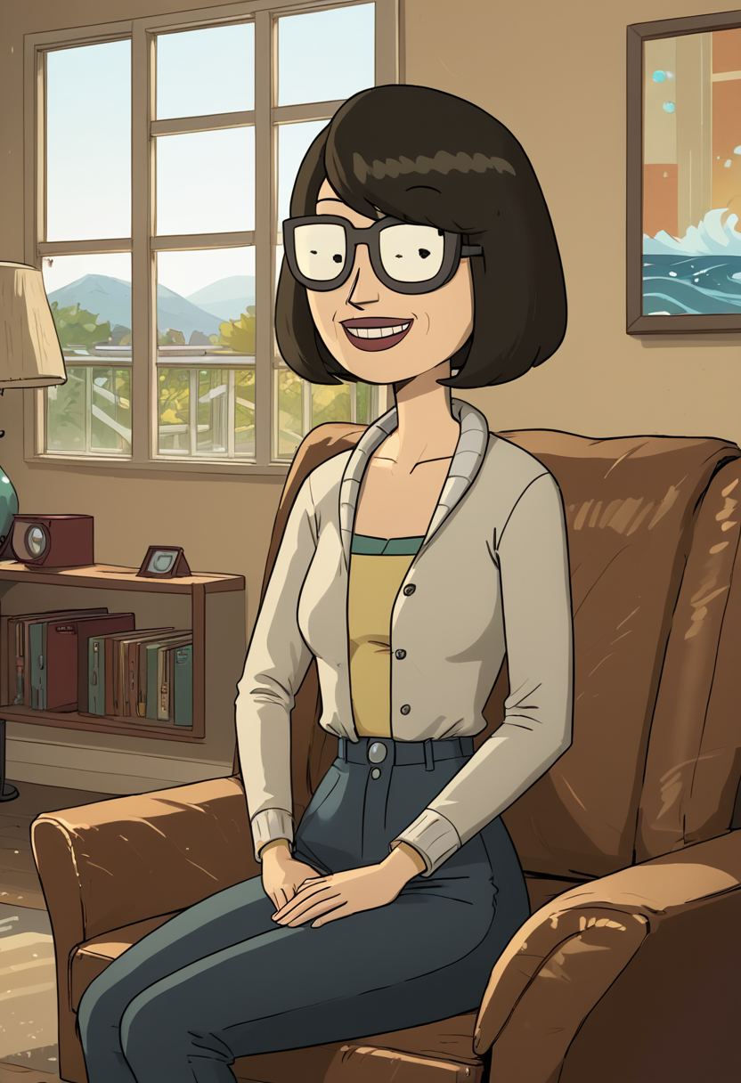 score_9, score_8_up, score_8,     <lora:Dr.Wong_Rick_and_Morty_for_PonyXL:0.8> 1girl, drw0ng, glasses, short hair, solo, sitting on couch, living room, window,  smile, wave,