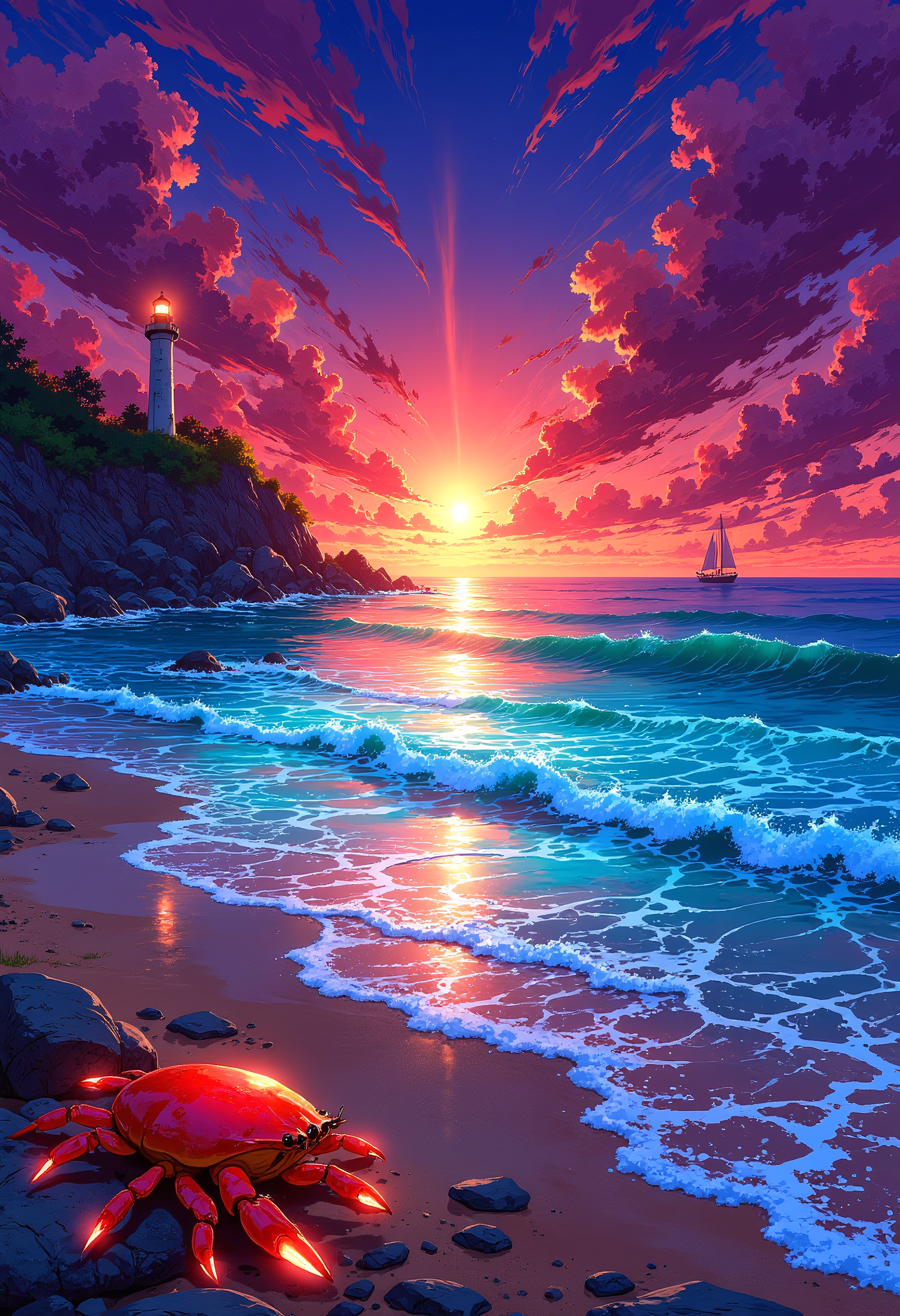 VibrantlySharp style, An anime-style fantasy beach at sunset, where the ocean glows with iridescent shades of turquoise and violet. The sky is ablaze with fiery reds, pinks, and oranges, casting long golden reflections on the waves. Bioluminescent seashells dot the shore, glowing faintly as the sun dips below the horizon. A closeup of a glowing red crab illuminated by the setting sun. A bright Lighthouse on the cliff in the distance. A sailboat in the distance. The air feels magical, vibrant, and full of wonder.
