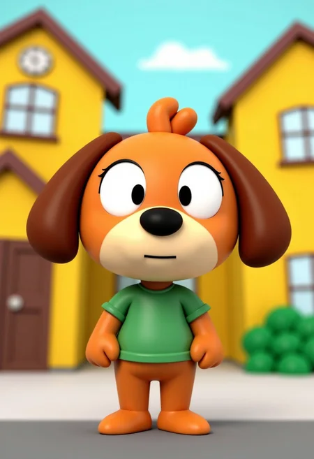 an image in the style of the tv show south park of A 3D-rendered isabelle (animal crossing), anthro-dog in a simple cartoon style with large plain eyes and a large round head. Simple and cute, standing in front of a yellow school building