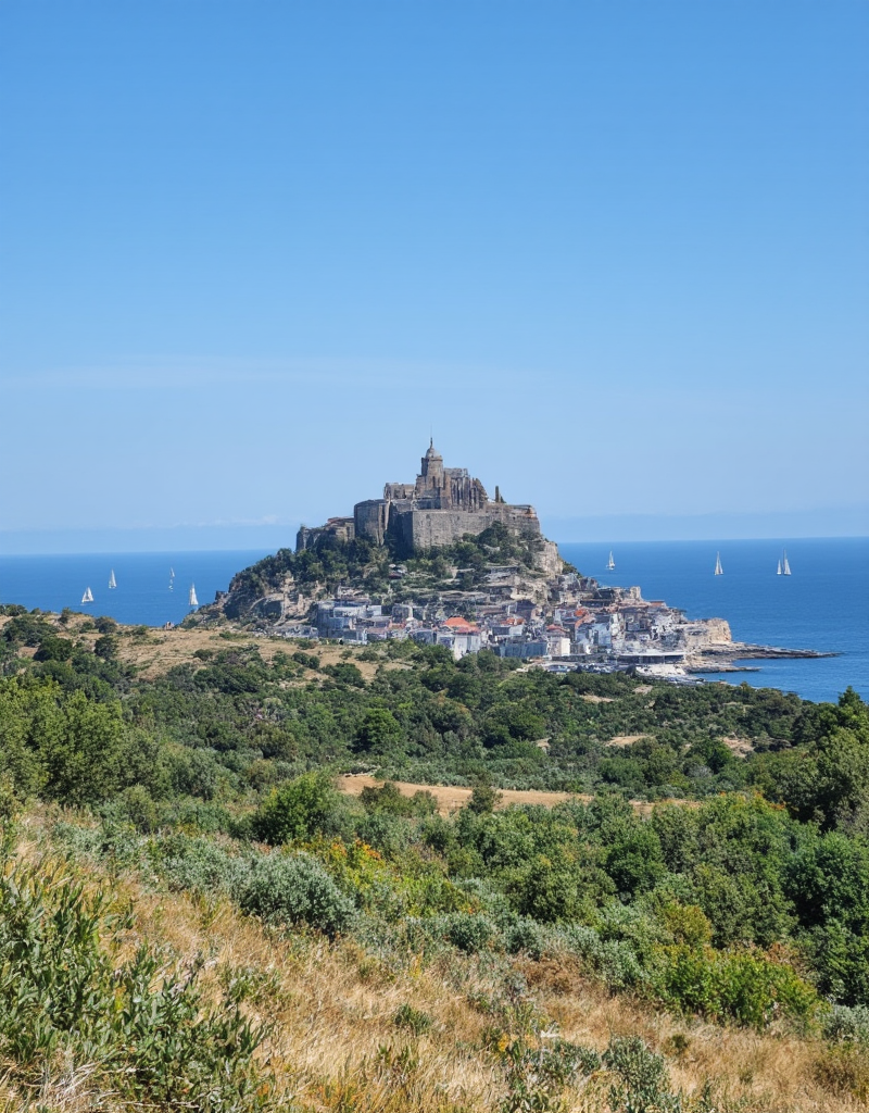 <lora:YCO_flux_F1b:1> yco_flux, fortified castle, on a hill, summer day, sea, town, sailboats, photo, vegetation, scenery,