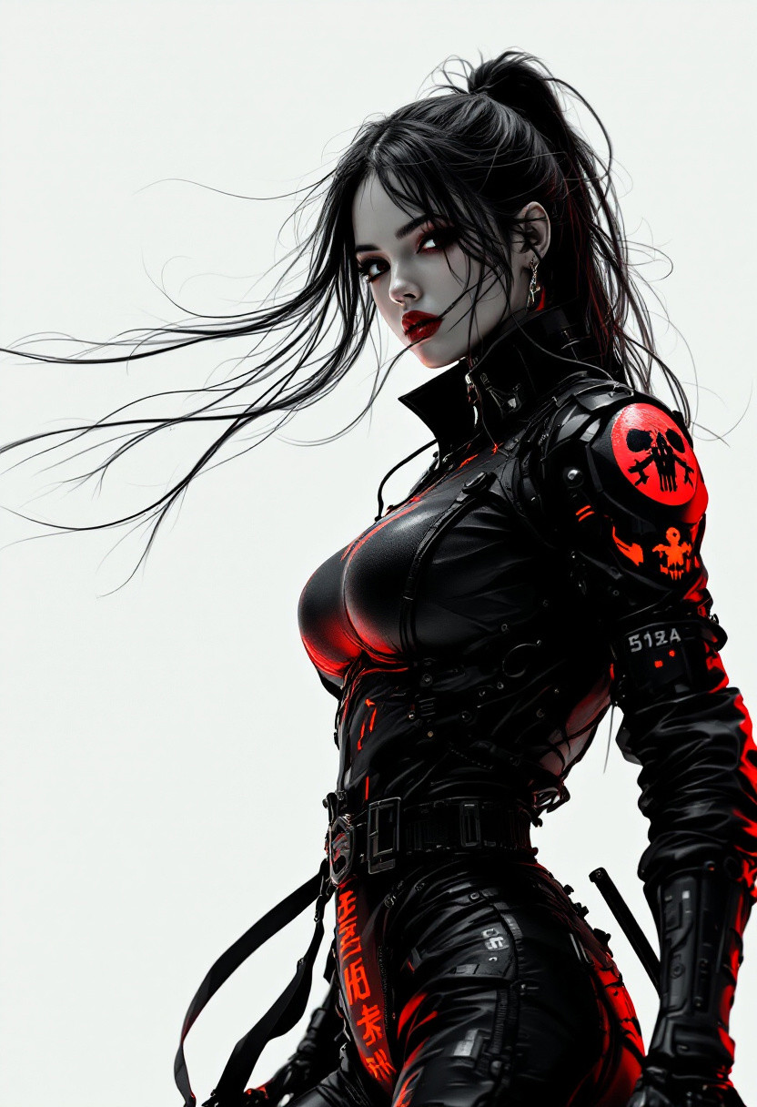 huge massive breasts, sexy black outfit, sexy wide hips, narrow waist, red lips, assassin style, black and white photo of a female cyborg samurai assassin in a motorcycle jacket with a high collar and Japanese inscription on the back, fighting stance, fists up, split, solo, simple background, implementation of wires on the shoulders and nano technology of the future, large sedge hat , 1 girl, white background, jacket, monochrome, upper body, grayscale, Female focus, long hair in the wind, guns, Clothing lettering, skull, skeleton, Japanese flag, Synthwave sunrise scene creation with faded dark colorful neon and black details, warm orange and pink hues casting a beautiful glow, cinematic lighting, detailed digital painting by Aaron Blaise and Robert Bateman and Carl Runguis, 4k resolution, hyperrealistic rendering, ethereal atmosphere