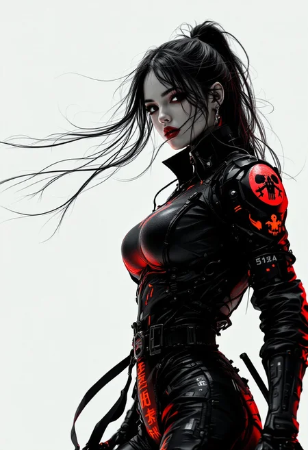 huge massive breasts, sexy black outfit, sexy wide hips, narrow waist, red lips, assassin style, black and white photo of a female cyborg samurai assassin in a motorcycle jacket with a high collar and Japanese inscription on the back, fighting stance, fists up, split, solo, simple background, implementation of wires on the shoulders and nano technology of the future, large sedge hat , 1 girl, white background, jacket, monochrome, upper body, grayscale, Female focus, long hair in the wind, guns, Clothing lettering, skull, skeleton, Japanese flag, Synthwave sunrise scene creation with faded dark colorful neon and black details, warm orange and pink hues casting a beautiful glow, cinematic lighting, detailed digital painting by Aaron Blaise and Robert Bateman and Carl Runguis, 4k resolution, hyperrealistic rendering, ethereal atmosphere