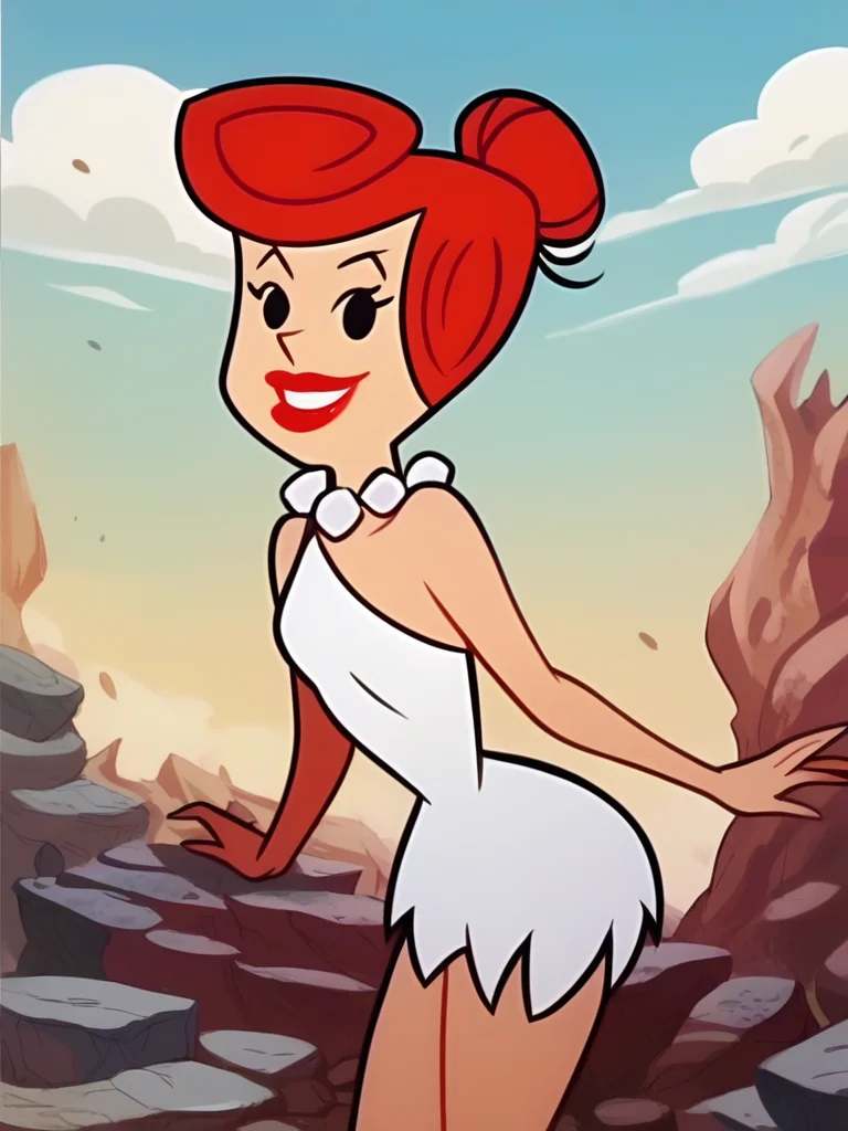 score_9, score_8_up, score_7_up, 1girl, dynamic pose, cowboy shot, looking at viewer, simple background, smile, arms at side, sky, clouds, rocks, cavern,
<lora:AWilmaFlintstone_character-10V2:1>, WilmaXLP, orange hair, hair bun, lipstick, white dress, bare legs, pearl necklace, cartoon, flat color, anime screencap,