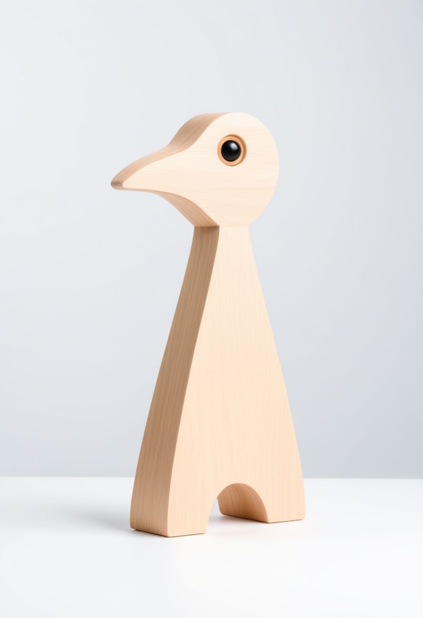 (expert craftsmanship:1.8), (high resolution, product photography, photo studio background:1.2), (modern wooden toy animal, avian creature:1.8), (fine wood, realistic wood material:1.5), (simple form, abstract form, multiple parts:1.9), (finely crafted parts, simple shape, elegant shape, ambiguous shape, stout shape, innocent shape:1.4), (comfortable, playful, friendly:1.5), (tall, lanky, whimsical:1.7), (Bauhaus Design aesthetic:1.7)