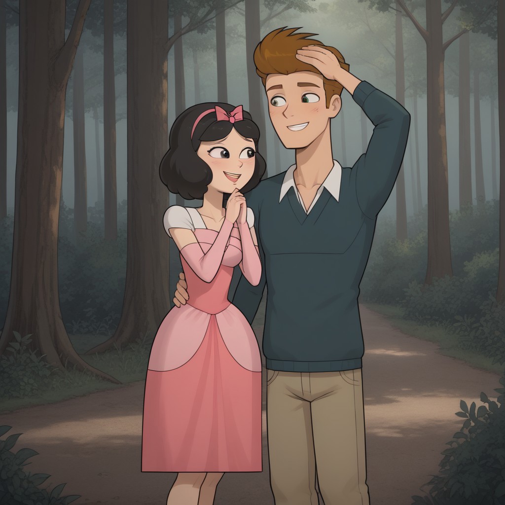 masterpiece, best quality, score_9, break. Ella_X_Topher, (1boy, Topher, Brown hair), break, (1girl, Ella, Black hair, hair bow), hug, forest, natural lighting