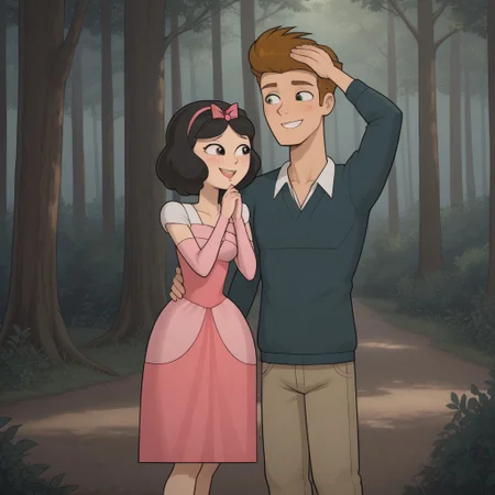 masterpiece, best quality, score_9, break. Ella_X_Topher, (1boy, Topher, Brown hair), break, (1girl, Ella, Black hair, hair bow), hug, forest, natural lighting