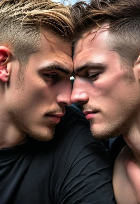 kyle ross, male focus, 2men, two handsome 18yo platinum blonde twinks embracing and kissing, close up of faces kissing, holding each other from behind, hugging from behind, face focus, dynamic posture, dramatic angle, camera angle from below, shirtless, stubble, hands on hip, black dog collar, black neck collar, long chain necklace, shirtless, kinky,
skinny muscled, slender muscled, skinny, slender features, narrow shoulders, detailed armband tattoo, cute face, boyish face, perfect biceps, bicep veins, bulging veins, defined veins, great pecs, thin waist, angular face, strong and powerful, sporty, predatory look, feathered hair, long hair, shoulder length hair, great detail, satisfaction, blue eyes, bubble butt, small ass, small butt, tight shorts,
(Masterpiece, high quality:1.3), masterpiece, depth of field, bokeh, detailed, homoerotic, (homoerotic), highly detailed, sharp focus, intricate, smooth, elegant, fantasy, cinematic lighting, cinematic, masterpiece, matte, photorealistic, 4k, beautiful, volumetric lighting, dramatic, photo-realistic, life-like, high detail, lighting, 8Knematic lighting, 8K, contrast lighting, contrasting lighting, cinematic lighting,
