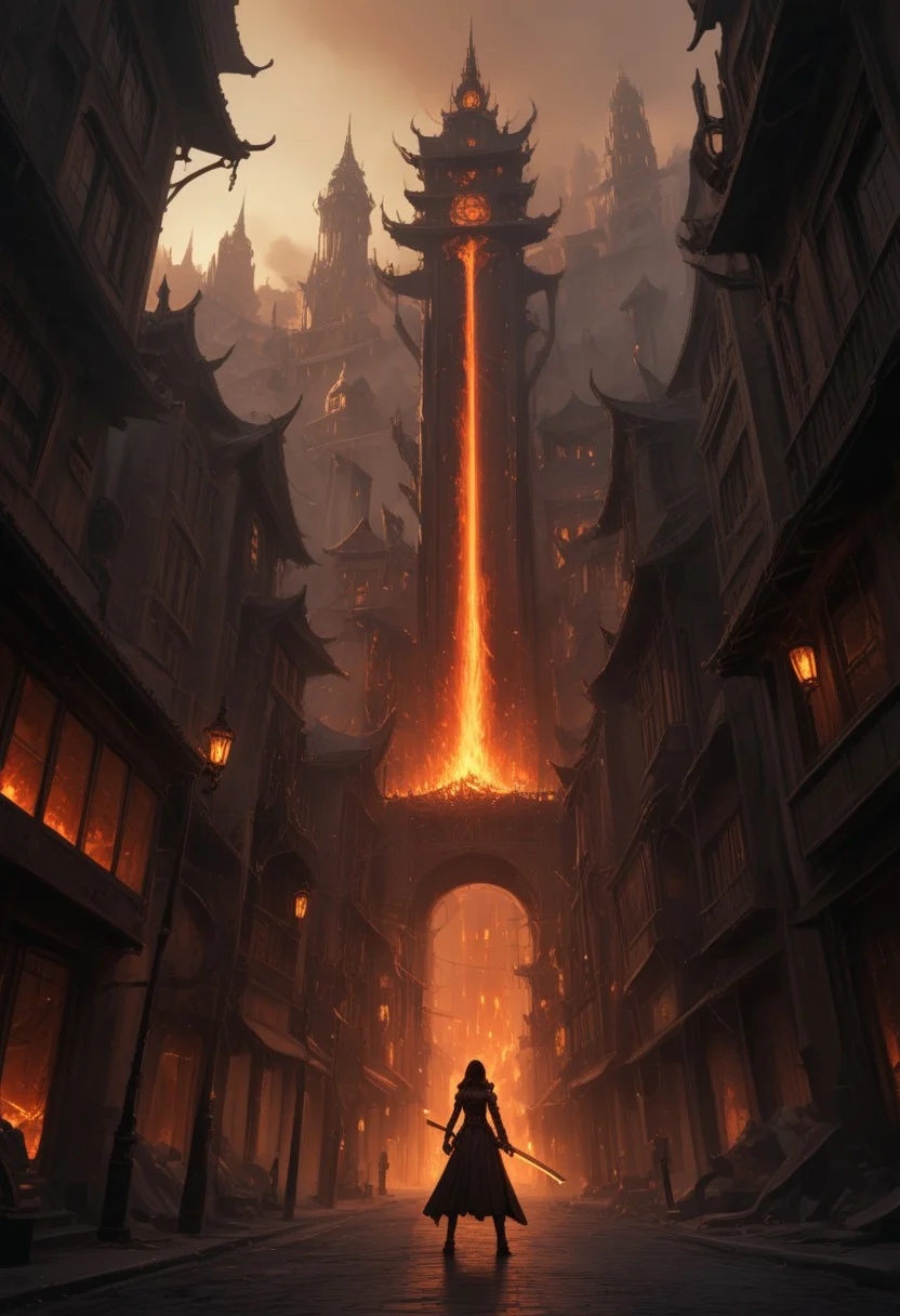 a street filled with lots of fire next to tall buildings, amazing fantasy art, steampunk katana, matte digital painting, vertical wallpaper, standing in hell, like jiufen, inspired by Maruyama Ōkyo, ravnica, fires glow lonely, inevitable doom, matte drawing, torches, pixiv frontpage, HavvoricFireDarkstyle