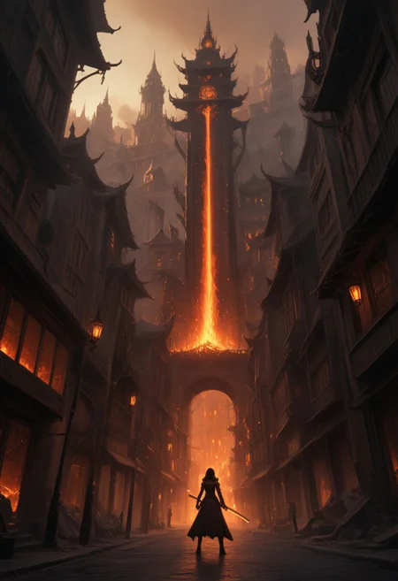 a street filled with lots of fire next to tall buildings, amazing fantasy art, steampunk katana, matte digital painting, vertical wallpaper, standing in hell, like jiufen, inspired by Maruyama Ōkyo, ravnica, fires glow lonely, inevitable doom, matte drawing, torches, pixiv frontpage, HavvoricFireDarkstyle