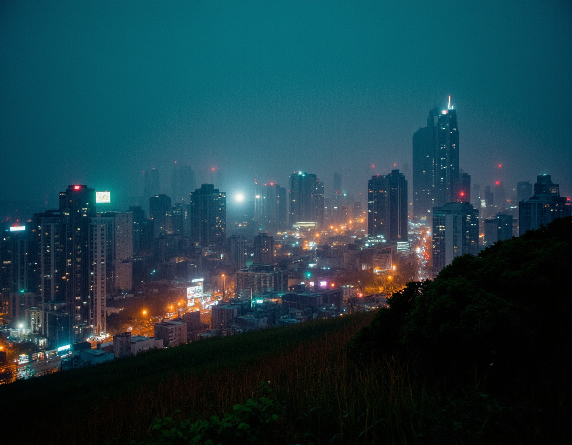 <lora:{nightambience, }Night_ambience-000015:0.85> nightambience, A breathtaking, ultra-sharp 4k photograph capturing a panoramic cityscape view from a hilltop, set against the dramatic backdrop of a heavy rainstorm at night. The city, a sprawling metropolis with a mix of modern skyscrapers and historic buildings, is bathed in a kaleidoscope of colors from the neon lights of advertisements, traffic, and building facades, which reflect vibrantly off the wet pavement. The rain, pouring down in thick, heavy droplets, creates a misty veil that rises from the streets, adding a layer of depth and atmosphere to the scene. The lighting is predominantly cool-toned, with warm accents from streetlights and car headlights, casting long shadows across the rain-soaked streets and buildings. In the distance, the outlines of taller skyscrapers fade into the darkness, their peaks hidden in the rainclouds, while in the foreground, the trees and grass on the hill are swayed by the wind, their leaves and blades glistening with rainwater. The photograph is shot from a slightly elevated angle, looking down upon the city, which stretches out in a wide, panoramic view, emphasizing the vastness and complexity of the urban landscape. The ultra-sharp focus and 4k resolution allow for minute details to be discernible, from the raindrops on the lens to the individual windows of the skyscrapers, creating an immersive and highly detailed image. The overall mood is one of dynamic energy and serene beauty, capturing the city's nightlife in the midst of a stormy downpour. The image features a deep depth of field, keeping both the foreground and background in sharp focus, and incorporates a slight motion blur effect on the rain, enhancing the sense of movement and realism. . 35mm photograph, film, bokeh, professional, 4k, highly detailed