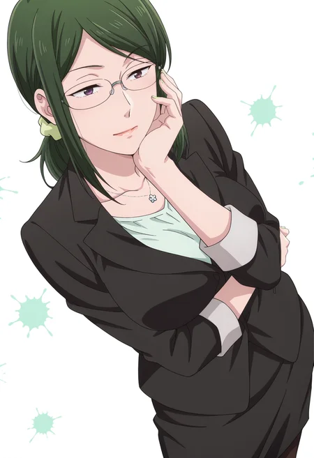 anime screencap, anime coloring, 1girl, solo, (mature female:1.2), <lora:DX888Hanako:1> koyanagi hanako, purple eyes, green hair, medium hair,
glasses, low ponytail, office lady, suit, skirt suit, necklace,, scrunchie, pantyhose BREAK white background, splatter background, (simple background:1.2) BREAK (dynamic pose:1.2), contrapposto, hand on own cheek, from above, dutch angle,