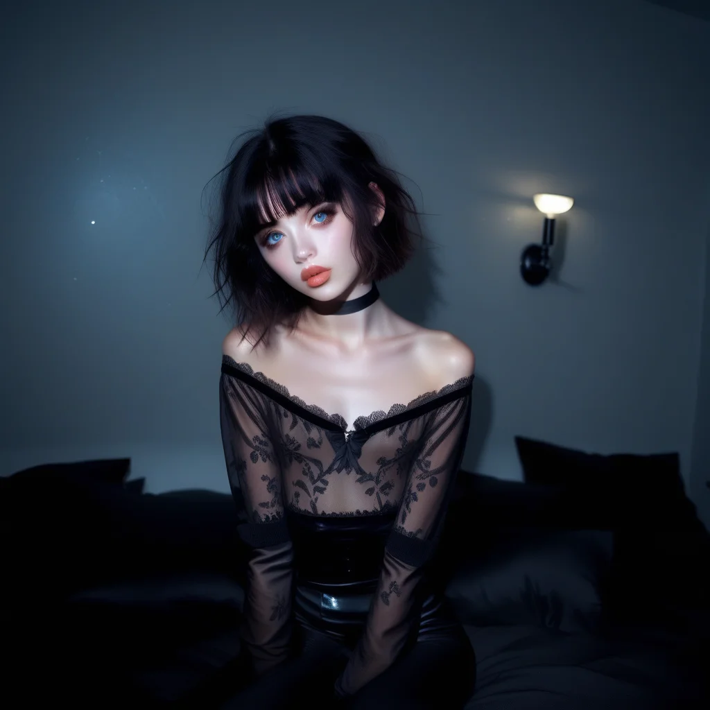 masterpiece, best quality, highly detailed, score_9, score_8_up, score_7_up, BREAK, 70mm lens, full-color photograph, shadows, cinematics lighting, volumetric lights, realistic lights, three quarter view, film grain, BREAK, close to the viewer, BREAK, 1femboy, tall, slim, thin, slender, narrow waist, pale blue eyes, flat chest,( wide nose:1.3), solo, (((lips,black, glossy))), ( full lips:1.5),( black hair:1.1), (((messy haircut, round haircut, bangs))), dark, moonlight, melancholy, inside,( color theme of black),( intricate black wallpaper:1.2), posing, front and side view, against a wall, ( black sheets:1.1),( black pillows:1.1), wearing transparent black lace and velvet clothes, leaning back,