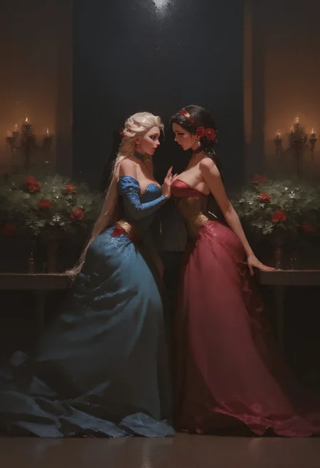 score_9, score_8_up, score_7_up, 2girls, 1girl (Snow White) and 1girl (Elsa), side view, (full bodies in view) <lora:pony/twilight_style:0.8> <lora:pony/expressiveh:0.8> expressiveh <lora:sdxl/sinfully_stylish_sdxl>