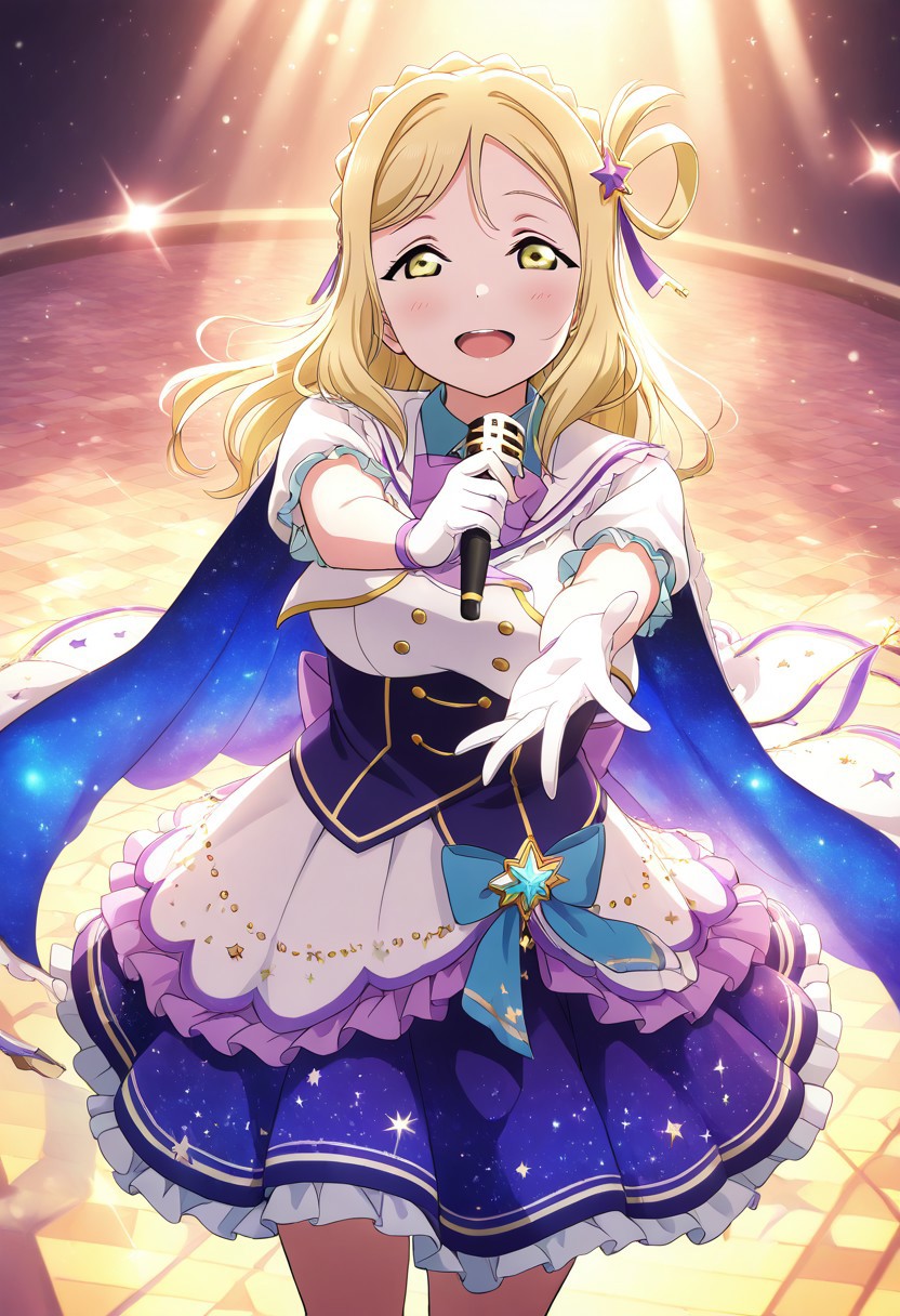 masterpiece, best quality, solo, 1girl, aged up, happy, 
 mari_ohara, ohara_mari, long hair, bangs, blonde hair, braid, crown braid, yellow eyes, hair rings, hair ornament, starlight-themed idol dress, deep navy and violet layers, sparkling cape, star hair accessory, glowing microphone, space-themed stage with floating constellations, dreamy lighting, mysterious and radiant presence, reaching toward the sky