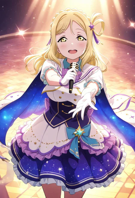 masterpiece, best quality, solo, 1girl, aged up, happy,
mari_ohara, ohara_mari, long hair, bangs, blonde hair, braid, crown braid, yellow eyes, hair rings, hair ornament, starlight-themed idol dress, deep navy and violet layers, sparkling cape, star hair accessory, glowing microphone, space-themed stage with floating constellations, dreamy lighting, mysterious and radiant presence, reaching toward the sky
