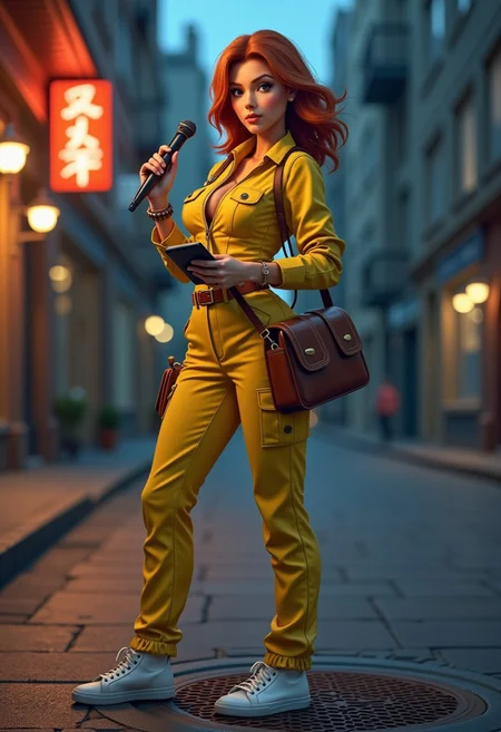 A photorealistic image of a woman resembling April O'Neil from * Mutant Ninja Turtles* as a real human. She has a strikingly beautiful, athletic figure with toned curves, massive breasts, a slim waist, and a confident stance. Her shoulder-length auburn hair is styled in soft waves, framing her face with bright, intelligent eyes and a warm, determined expression. She is wearing her signature yellow jumpsuit, perfectly fitted to her body, with the zipper slightly undone at the top for a casual yet professional look. The jumpsuit features utility pockets and a matching belt, emphasizing her practical and adventurous personality. She pairs this with white sneakers and a vintage brown leather shoulder bag slung across her torso, containing her reporter essentials. The setting is an urban street at dusk, with the faint glow of neon signs reflecting off wet pavement. She is standing near a manhole cover, holding a handheld microphone in one hand and a notepad in the other, as if she's in the middle of investigating a story. The lighting is cinematic, with a mix of cool blues and warm orange hues highlighting her figure and creating a dramatic yet grounded atmosphere. The scene captures her intelligence, bravery, and charm, bringing the animated character to life in a realistic, modern context.
