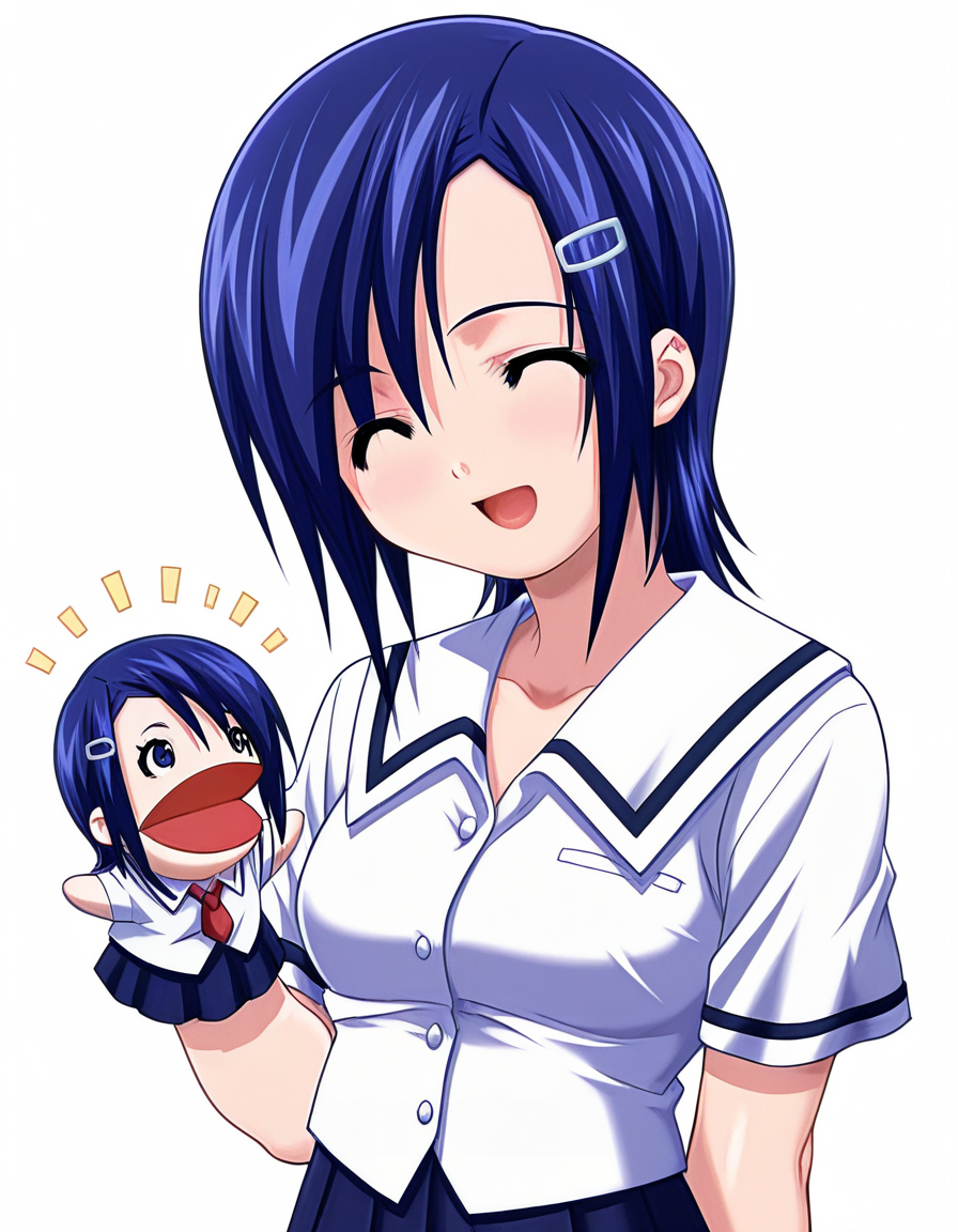 masterpiece, best quality, amazing quality, very aesthetic, absurdres, official art, ultra detailed,
1girl, solo, ayukawa_kana, blue hair, short hair, hairclip, blue eyes, 
school uniform, white shirt, pleated skirt,smile, looking at another, standing, hppt,hand puppet, ^ ^, happy aura, simple background, white background, upper body, deep contrast of light and dark, highly detailed <lora:hand_puppet_IL_v1:1>
<lora:ayukawa kana v1.0-000016:1>