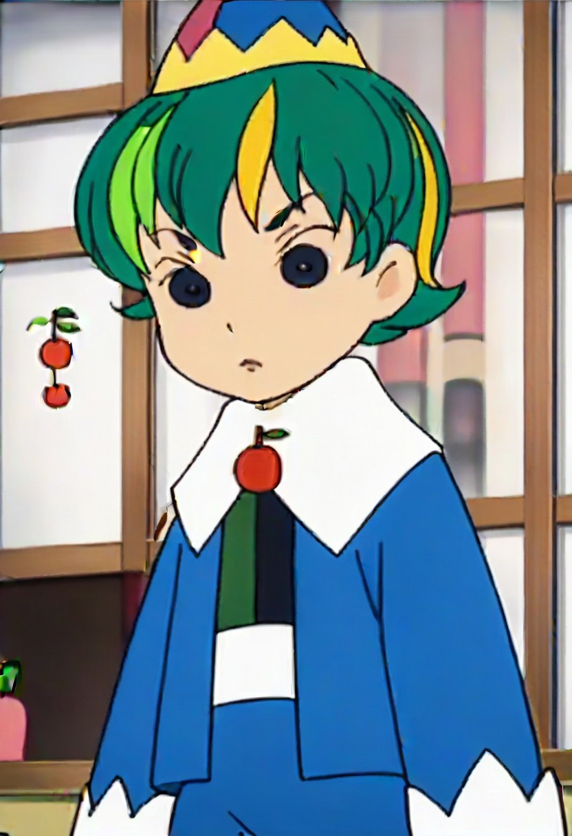 hat, green hair, multicolored hair, long sleeves, short hair, cherry, fruit, 1girl, blonde hair, black eyes,,,,,,,,,,, ,,,,,anime coloring,anime screencap, 1girl,Solo ,, anime,,,,official art, Uncensored ,Unedited ,,,,, ,,,,,,