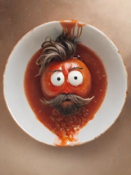 surreal, a bearded (tomato:1.3) with messy hair with its face submerged in a bowl of soup, kitchen, <lora:- SDXL - brdanmu_ beard_mustache_hair_V2.0:.7>