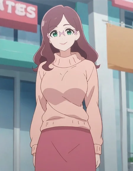score_9, score_8_up, score_7_up, 1girl, solo, anime screencap,glasses, smile, green eyes, looking at viewer, long hair, brown hair, pink-framed eyewear, sweater, closed mouth, rimless eyewear,cowboy shot,large breasts,pink skirt,long skirt, wide hip,<lora:nijigaokamahiru:0.8>