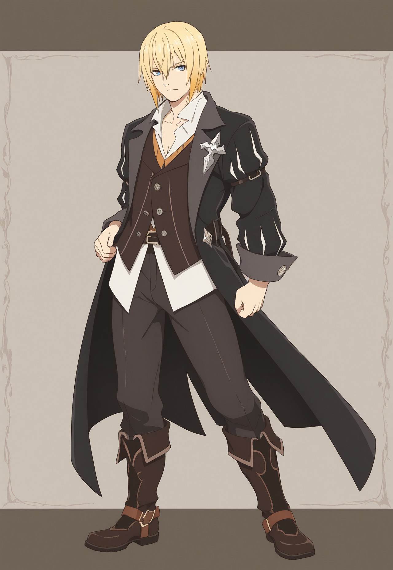 eizen (tales), blond hair, gradient hair, blue eyes, black coat, brown vest, white shirt, brown pants, shirt untucked, 1boy, solo, brown boots, standing,