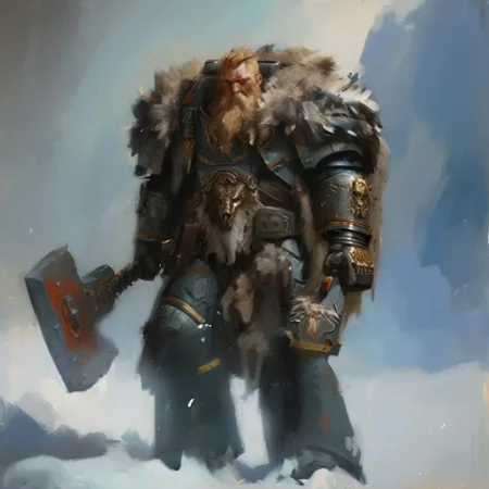 Space wolf warrior with beard is in winter landscape, he is a werewolf space marine,  he as heavy scars, he has his huge runic hammer in his hands, portrait style, viking, norse, beard, clad in ripped furs and pieces of old worn space wolf armor, Black over black, top light, masterful painting in the style of Anders Zorn | Marco Mazzoni | Yuri Ivanovich, Todd McFarlane, oil on canvas
<lora:add-detail-xl:1> <lora:MJ52:0.5>