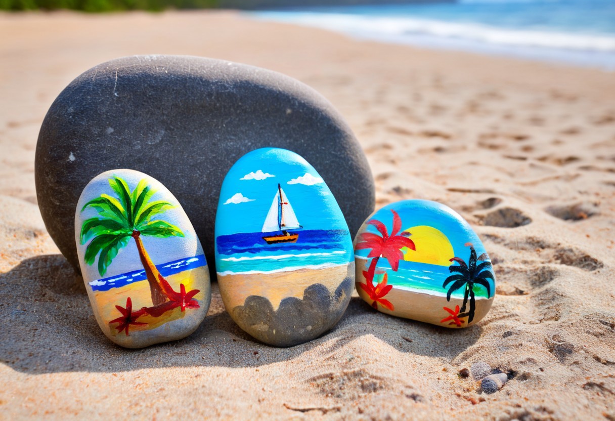 Happy stones. three painted stones, painted with a tropical scene. The stones are lying on the beach, a blurred sea in the background