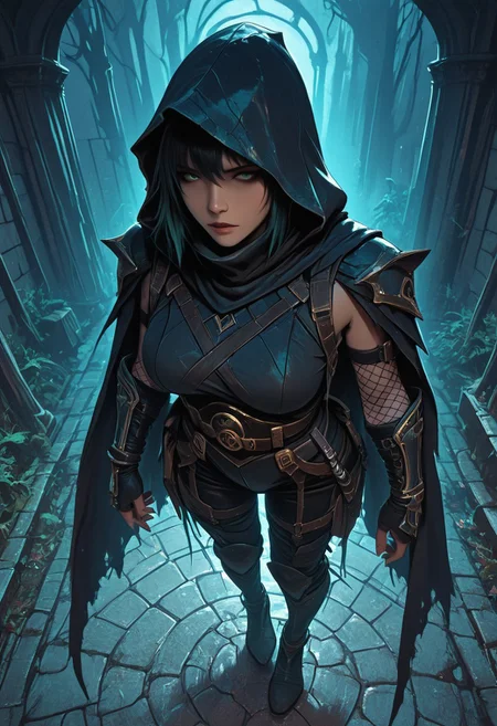 (masterpiece), (best quality), (ultra-detailed), 1girl, focused expression, female ninja assassin, emerging from deep shadows, dramatic lighting, dark fabric and layered leather armor, hooded cloak, traditional ninja gear, sleeveless, fishnets under clothing, large breasts, slashed clothing, beautiful girl, throwing knife in hand, waist-up to full body view, tense and silent movement, low pose, cinematic lighting from above, rain-slick stone walls, misty air, subtle fog, textured cloth, leather straps, arcane-free look, poised and controlled demeanor, ancient temple or forest night background, semi-realistic style, moody atmosphere, hidden blade,