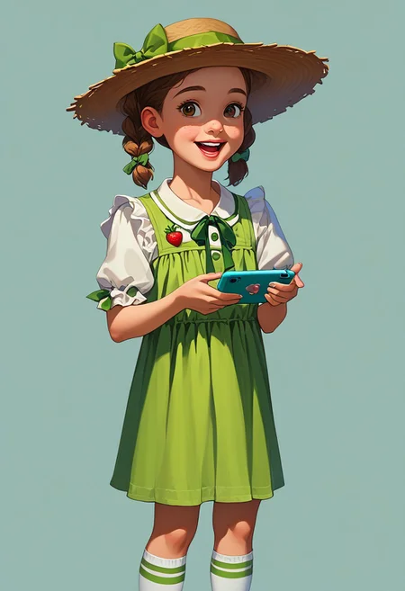 score_9, score_8_up, score_7_up, mgas, masterpiece, best quality, detailed eyes, detailed face, perfect eyes, high detailed, absurdres, highres, casual game art, mobile game art, merge 3 game art, character design, BREAK 1girl, kid, child, little girl, solo, pretty, smile, open mouth, teeth, medium hair with two pigtails, pigtail secured with a green elastic band at the end, bangs, large brown eyes, light brown straw hat with a green ribbon and bow, white blouse with elbow-length sleeves, green knee-length dress, strawberry badge on the right side of the chest, green shoes, white socks, BREAK holding the phone with two hands in front of her, taking pictures on her phone, standing, cowboy shot, semi-sideways, half-sideways, looking into the distance, BREAK simple background, gray background