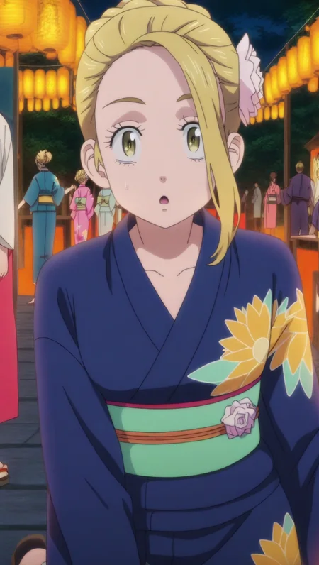 source_anime, masterpiece, best quality, amazing quality, anime screencap, high quality, 8k, absurdres, official style, 1girl, solo, looking at viewer, surprised, <lora:Emma_Sano_iL:1>, 3mm4 s4n0, yellow eyes, blonde hair, long hair, festival outfit, hair up, braid, alternate hairstyle, hairbun, kimono, japanese clothes, obi, sandals, yukata, blue kimono, sash, hair ornament,
