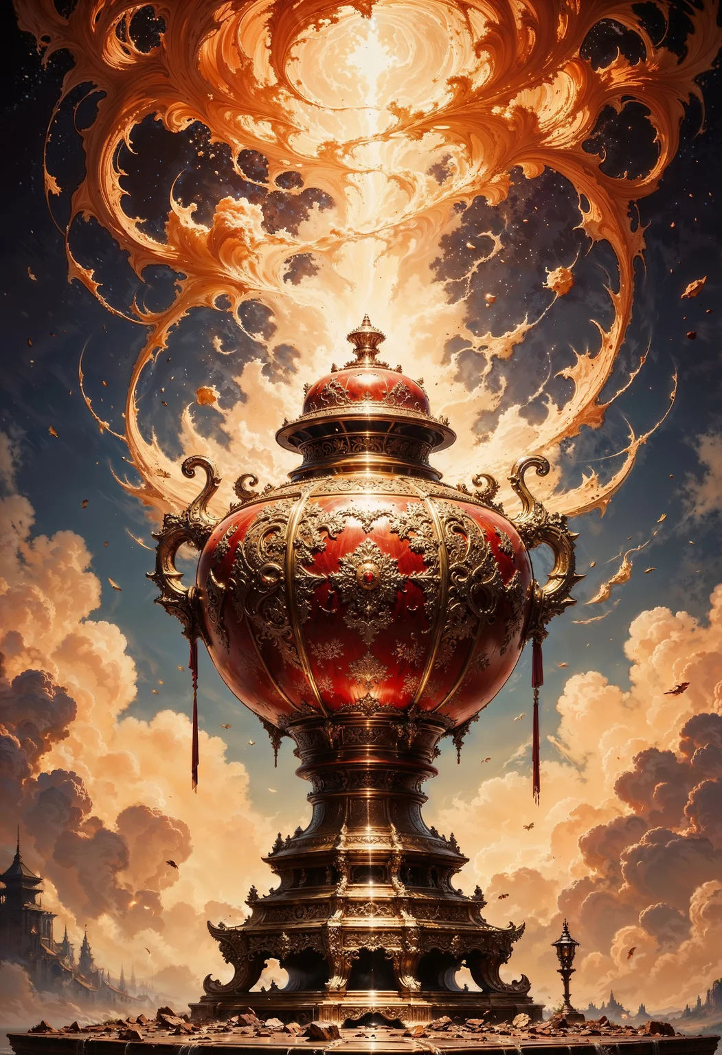 A majestic, intricately designed Chinese vase of wealth, adorned with golden accents and ornate patterns, sits atop a pedestal, its lid slightly ajar, as if inviting abundance into the scene. Against a celestial backdrop, a whirlwind of twinkling magic stars swirls above, showering down coins, diamonds, and digital sparks that blur the lines between reality and fantasy. The vase itself glimmers with an iridescent sheen, as if infused with the essence of prosperity. Coins and jewels spill out of the vase, overflowing onto the pedestal and surrounding surface, while delicate, swirling patterns of gold and crimson dance across the vase's surface, evoking an aura of opulence and good fortune. The entire scene is bathed in a warm, ethereal light, as if the very essence of wealth and prosperity has been distilled into this captivating, dreamlike vision.
