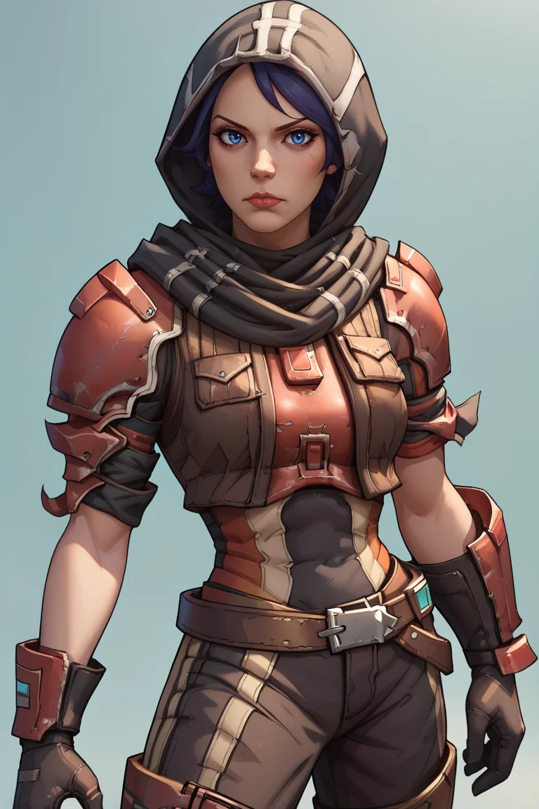 score_9, score_8_up, score_7_up, BREAK, 1girl, solo, breasts, <lora:athenabl-guy-PONYv1:.98>, athenabl, armor, gloves, hood, scarf, pants, belt, portrait, simple background,