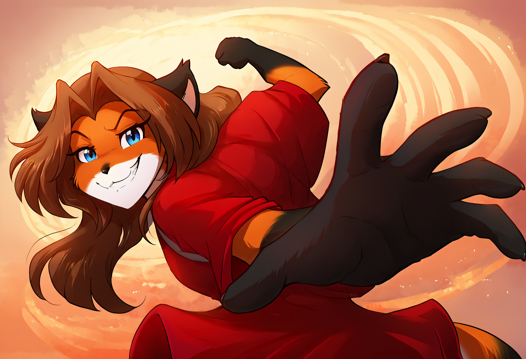 score_9, score_8_up, score_7_up, score_6_up, score_5_up, score_4_up, rating_safe,  detailed background, 1girl, female anthro fox, looking at viewer, <lora:PepePunchMeme_XLPD:1.05> IncrsPunchMeme, 
BREAK
female fox,  blue eyes, smug grin, <lora:Laura-Twokinds-SDXL-AnonTK-V1:0.95> , laura-twokinds, casual clothing, red dress, (5 fingers:1.1),