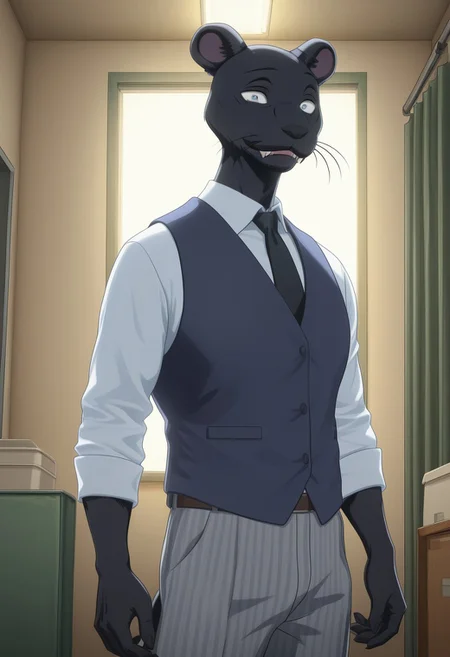masterpiece, best quality, amazing quality, very aesthetic, absurdres, newest, high quality, detailed, male, solo male, TaoBeastars, 1boy, mature male, male, athletic build, anthro, black panther, animal ears, black fur, grey blue eyes, round ears, whiskers, indigo vest, white long sleeve shirt, black tie, grey striped pants, dorm room, half body, looking at viewer, smiling, fangs, volumetric lighting, standing
