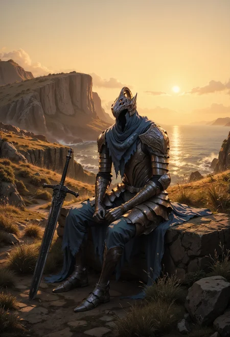 FluxArtorias, A courageous knight, in the final throes of his life, rests on his sword in a field as the sun sets, his eyes fixed on a distant cliff. His battle-worn armor is blemished and corroded, his once gleaming sword now worn from combat. This breathtaking tableau, likely a painting, captures the melancholy beauty of the scene. The knight's posture exudes valor and resignation, while the fading light and rugged landscape create a poignant backdrop. The artist's skill in portraying the knight's struggle and the fleeting nature of life is evident in every brushstroke <lora:FluxArtorias:1> <lora:fluxenhancer:0.5>