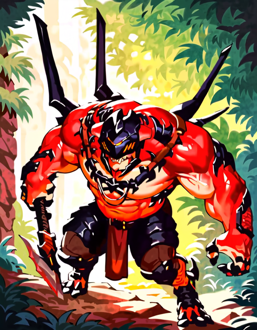 anime artwork score_9, score_8_up, score_7_up, best quality, high quality, highly detailed, cel shading, source_cartoon, <lora:Smooth Style LoRA XL:0.6> drakahlcru, sharp teeth, metallic helmet, orange eyes, muscular humanoid, dark red fleshy skin,  holding weapon<lora:Drakahl_Crucible:0.8> detailed background