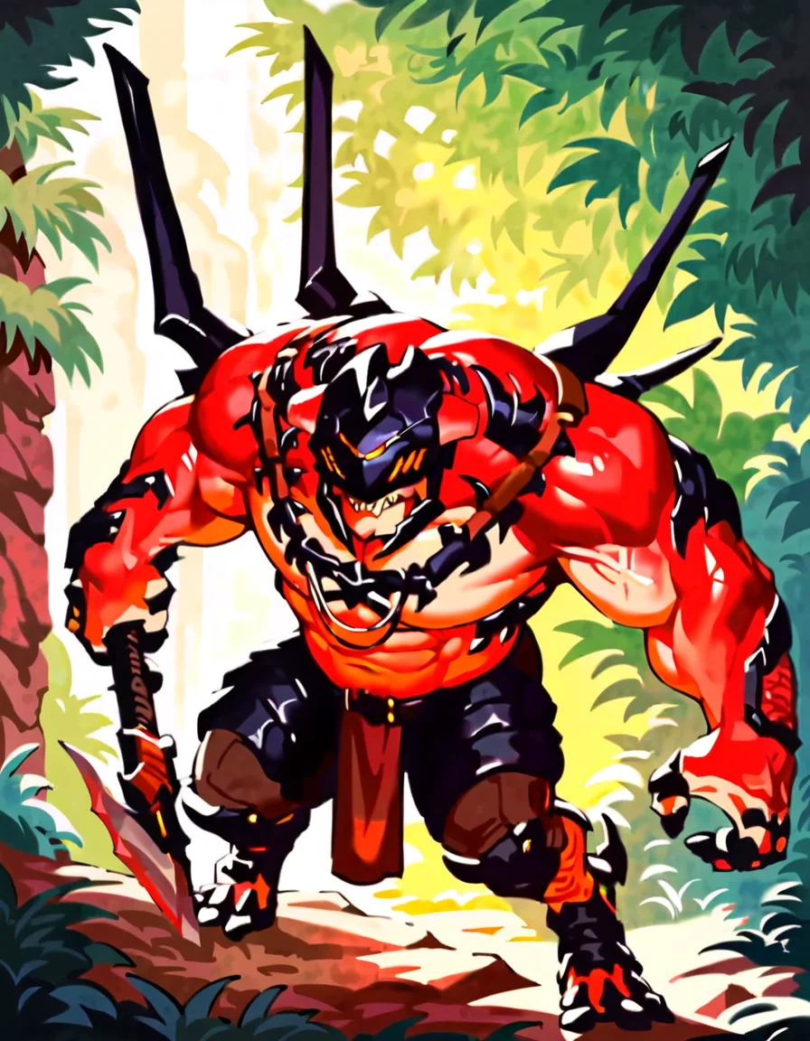 anime artwork score_9, score_8_up, score_7_up, best quality, high quality, highly detailed, cel shading, source_cartoon, <lora:Smooth Style LoRA XL:0.6> drakahlcru, sharp teeth, metallic helmet, orange eyes, muscular humanoid, dark red fleshy skin, holding weapon<lora:Drakahl_Crucible:0.8> detailed background
