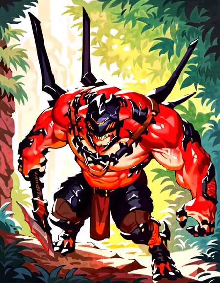 anime artwork score_9, score_8_up, score_7_up, best quality, high quality, highly detailed, cel shading, source_cartoon, <lora:Smooth Style LoRA XL:0.6> drakahlcru, sharp teeth, metallic helmet, orange eyes, muscular humanoid, dark red fleshy skin, holding weapon<lora:Drakahl_Crucible:0.8> detailed background