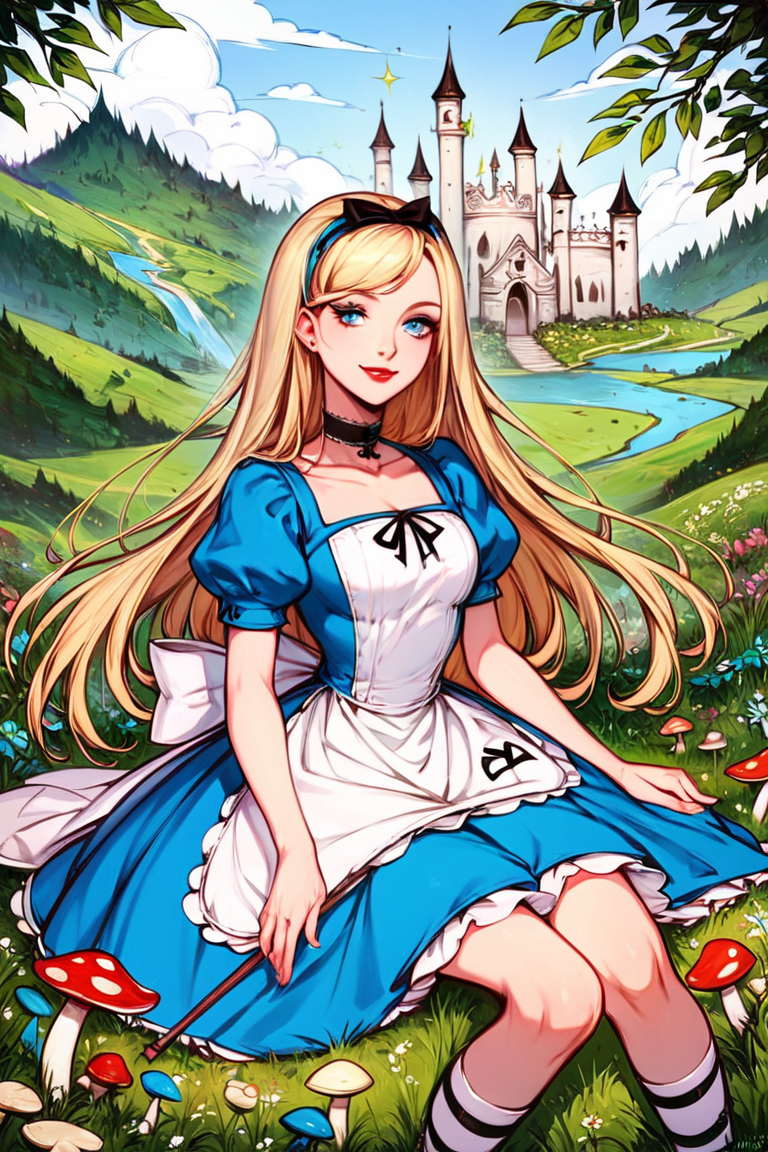 score_9, score_8_up, score_7_up, score_6_up, score_5_up, score_4_up, mushroom, 1girl, blue eyes, blonde hair, dress, alice (alice in wonderland), castle, long hair, solo, choker, grass, blue dress, outdoors, puffy sleeves, makeup, smile, sitting, day, red lips <lora:Line Art Style LoRA XL:1>