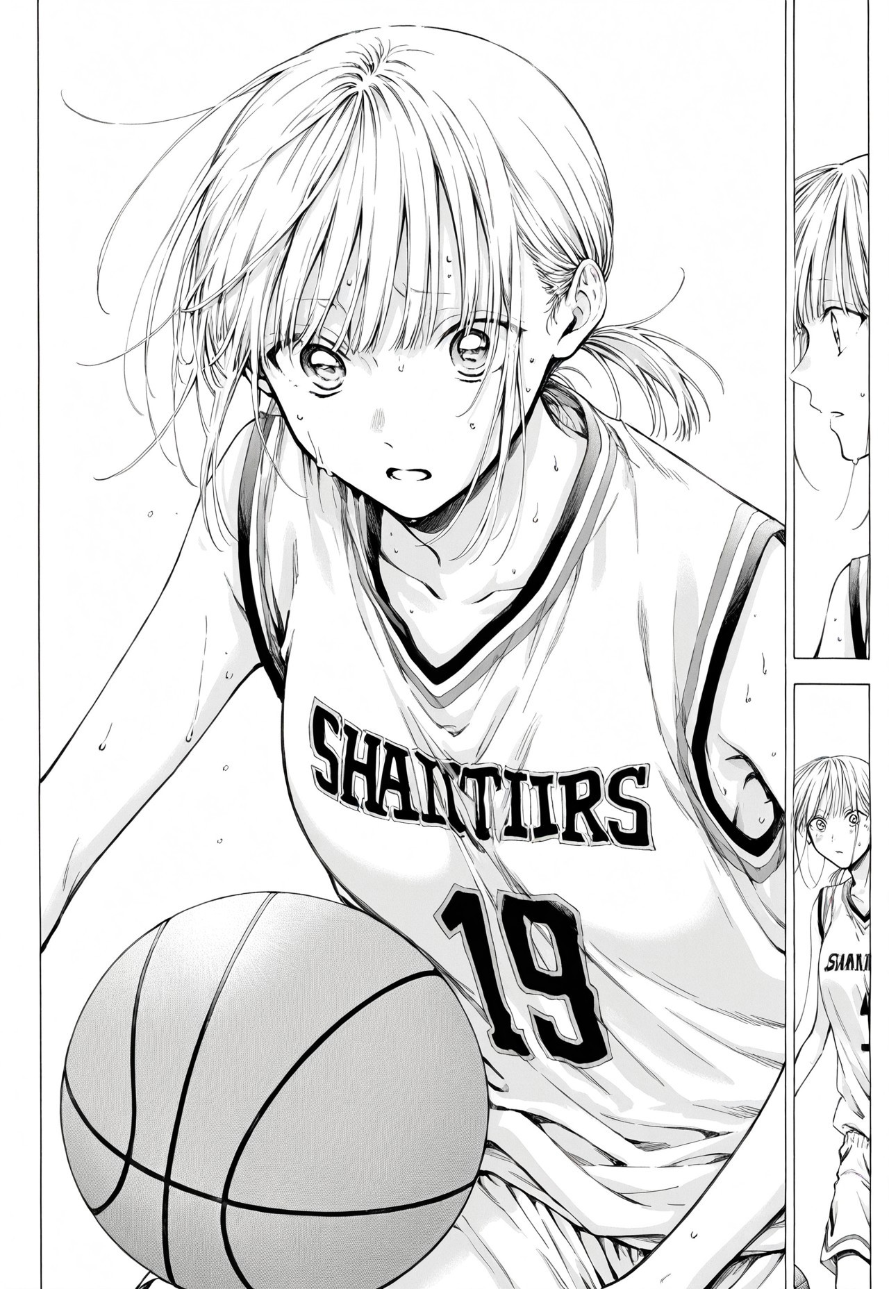 chinatsu kano (young), straight bangs, medium-length hair, small chest, youthful body, manga, monochrome, ponytail, wearing a loose basketball jersey and shorts, holding a basketball, sweat on her brow, focused expression
