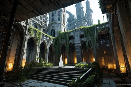 highly insanely detailed, masterpiece, top quality, best quality, highres, 4k, 8k, RAW photo, (very aesthetic, beautiful and aesthetic),  
tsutomu nihei,nihei_tsutomu,blame!,blame gakuen!,abara,TNstyle,sidonia_no_kishi,(megastructure in background,deep horizon,hangar,sidonia \(ship\),tunnel,stairs,lab,city ruins,tower,mausoleum,space,spacecraft),bones,star \(sky\),starry sky, 
<lora:ABARA:0.5>, 
(1girl:1.3), 
solo focus, 
Garden Pavilion,Tranquil space with a bubbling fountain at its center,lush greenery winding along trellises,mosaic tiles creating intricate patterns on the ground,woven wicker furniture with plush cushions,and the sweet scent of blooming flowers,âââ