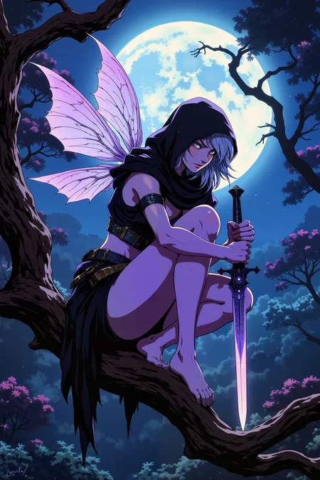 ne0nfant4sy, A fae assassin, her pale violet skin bathed in moonlight, crouches low on a twisted tree branch, her delicate wings shimmering like a dragonfly's. Her sharp, angular features are masked by a hood of black silk, only her glowing, lavender eyes visible beneath the shadow of the cowl. Her silver hair, cut short and wild, catches the light as her slender fingers caress the hilt of a dagger, its blade engraved with ancient runes. Around her waist, a belt of poisons and throwing knives clinks softly as she shifts, blending seamlessly into the shadows. The trees around her, twisted and ancient, seem almost sentient, their gnarled branches reaching out like claws. The faint scent of night-blooming flowers mingles with the damp earth beneath her. Her wings twitch silently, ready to propel her into the darkness, and the tension in her coiled form suggests a lethal strike is imminent. Her eyes are narrowed in focused determination, a silent predator in the night. The ethereal glow of the moonlight casts a ghostly sheen over her form, highlighting the deadly elegance of her figure.<lora:RetroAnimeFluxV1:0.5><lora:NeonFantasyFLUX:0.3>