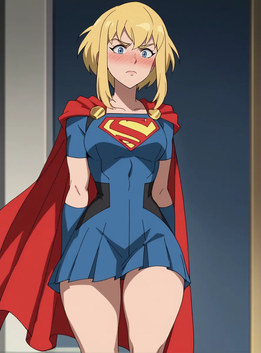 score_9, score_8_up, score_7_up, score_6_up, score_5_up, score_4_up, source_anime , anime screencap, <lora:KaraSuper:0.8>1girl, blonde hair, solo,, karacivil, short hair, , sidelocks, blue eyes, , wide hips, narrow waist,nose blush,supergirl_costume, cape, red_skirt,red_elbow_gloves miniskirt, thick thighs,