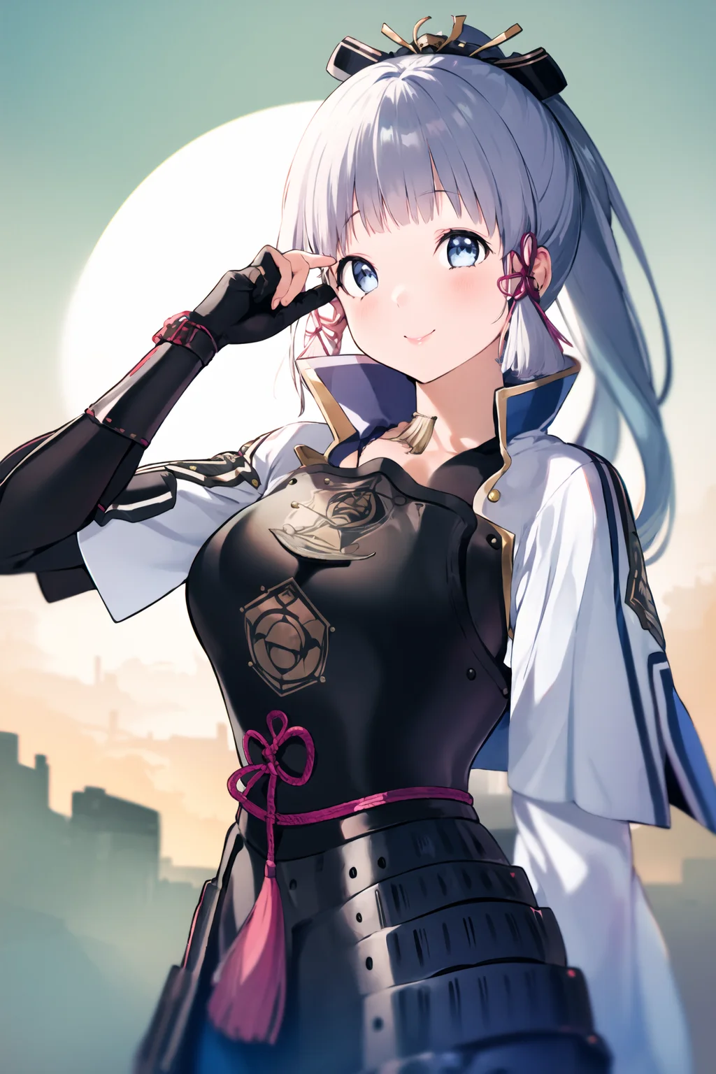 masterpiece, best quality, 1girl, cowboy shot, delicate eyes, <lora:mery:1>, looking at viewer,  <lora:kamisatoAyakaGenshin_kamisatoAyaka:1>, kamisato_ayaka, smile, arm guards, armored dress, breastplate, japanese armor, hand fan, fingerless gloves