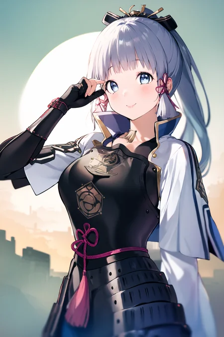 masterpiece, best quality, 1girl, cowboy shot, delicate eyes, <lora:mery:1>, looking at viewer, <lora:kamisatoAyakaGenshin_kamisatoAyaka:1>, kamisato_ayaka, smile, arm guards, armored dress, breastplate, japanese armor, hand fan, fingerless gloves