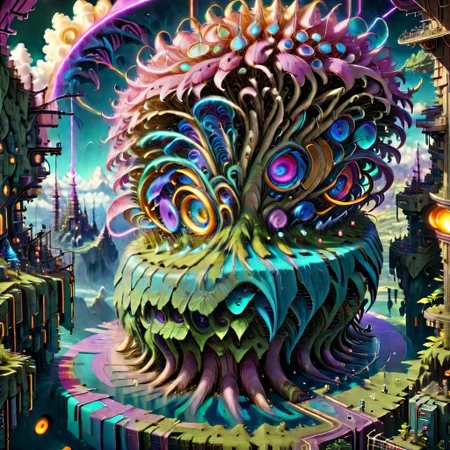 Psychedelic isometric turn based sci fi rpg world, dystopian retro futuristic, cyberpunk, cyberdellic, wild, elaborate, best quality, perfect detail, vivid colors, absurdres, masterpiece