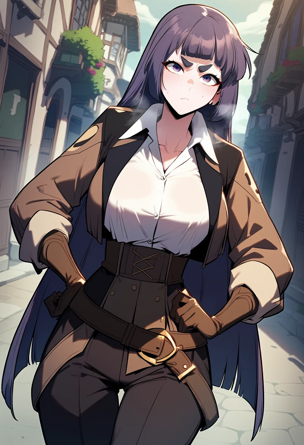 score_9, score_8_up, score_7_up, score_6_up, source_anime, rating_explicit, <lora:neg4all_bdsqlsz_V3.5:2.0>1girl, (solo:1.2), huge breasts, <lora:Andreaponyxl:1> long hair, purple hair, purple eyes, blunt bangs, hime cut, thick eyebrows, brown jacket, white shirt, collared shirt, belt, high-waist pants, black pants, glove, serious, Narrow shoulders, heavy breathing, steaming body, village, outdoors, looking at viewer