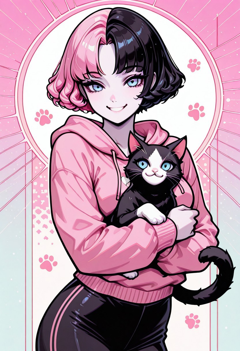 masterpiece, best quality, 32k, high resolution, absurdres, vector art, flat colors, s1n0p0p, in the style of Jedpstgl, Impressionism,  Vaporwave,Pixel Art, Sabrina, SabrinaRH, short hair, bobcut, ((Pink-black) split hair, split-color hair,) curled hair tips, parted bangs, blue eyes, medium breasts, pale skin, pink hoodie, cats paw print, pants, dual color background (pink-black) , abstracts, cowboy shot, looking at the viewer, holding  a cat, smiling,  cat, cuddling,