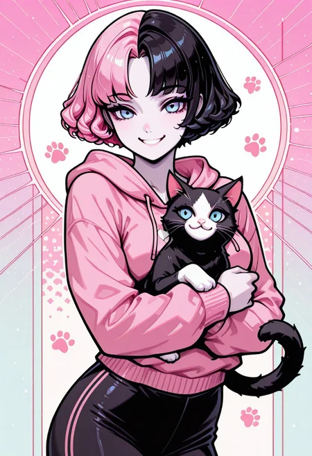 masterpiece, best quality, 32k, high resolution, absurdres, vector art, flat colors, s1n0p0p, in the style of Jedpstgl, Impressionism,  Vaporwave,Pixel Art, Sabrina, SabrinaRH, short hair, bobcut, ((Pink-black) split hair, split-color hair,) curled hair tips, parted bangs, blue eyes, medium breasts, pale skin, pink hoodie, cats paw print, pants, dual color background (pink-black) , abstracts, cowboy shot, looking at the viewer, holding  a cat, smiling,  cat, cuddling,